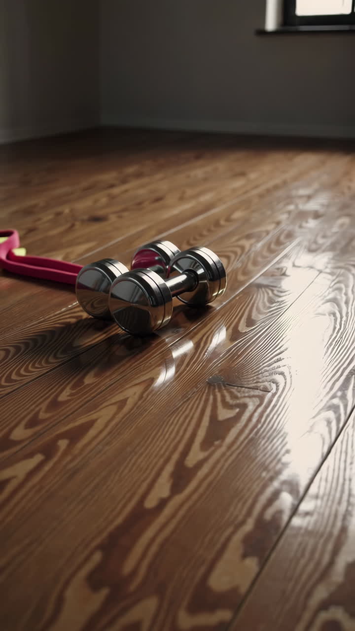Home Workout with Dumbbells and Resistance Band on Wooden Floor