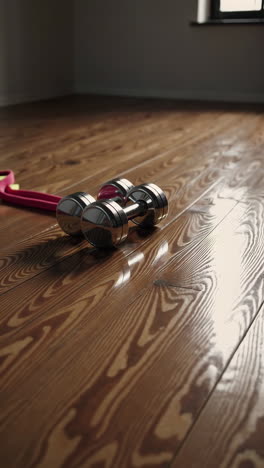 home workout with dumbbells and resistance band on wooden floor