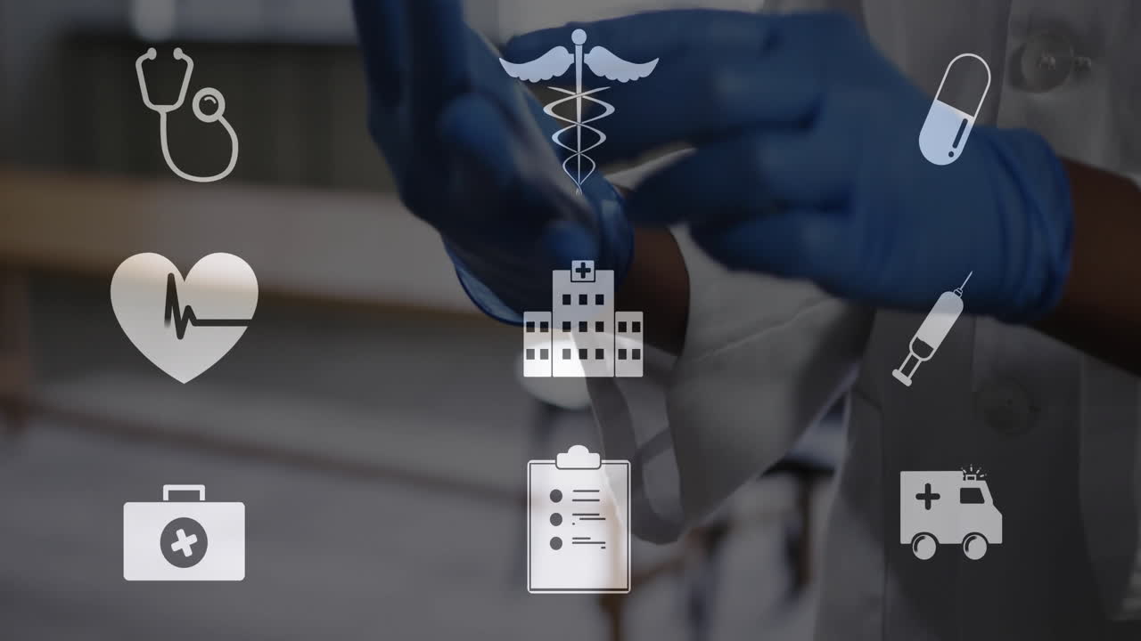 Medical professional pulling on gloves in clinical room, showing floating medical icons