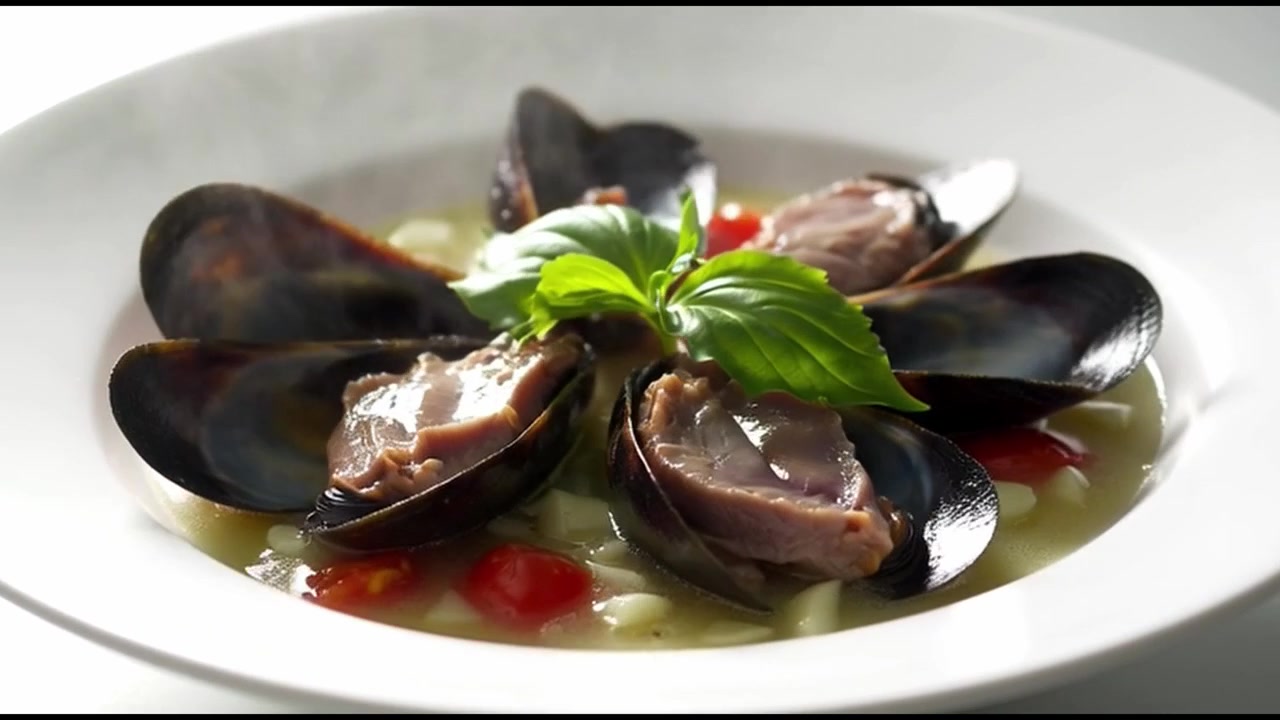 Steaming Bowl of Fresh Mussels with Tomatoes and Basil