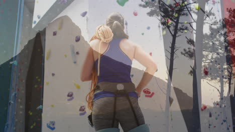 Animation-of-data-processing-over-caucasian-woman-by-climbing-wall