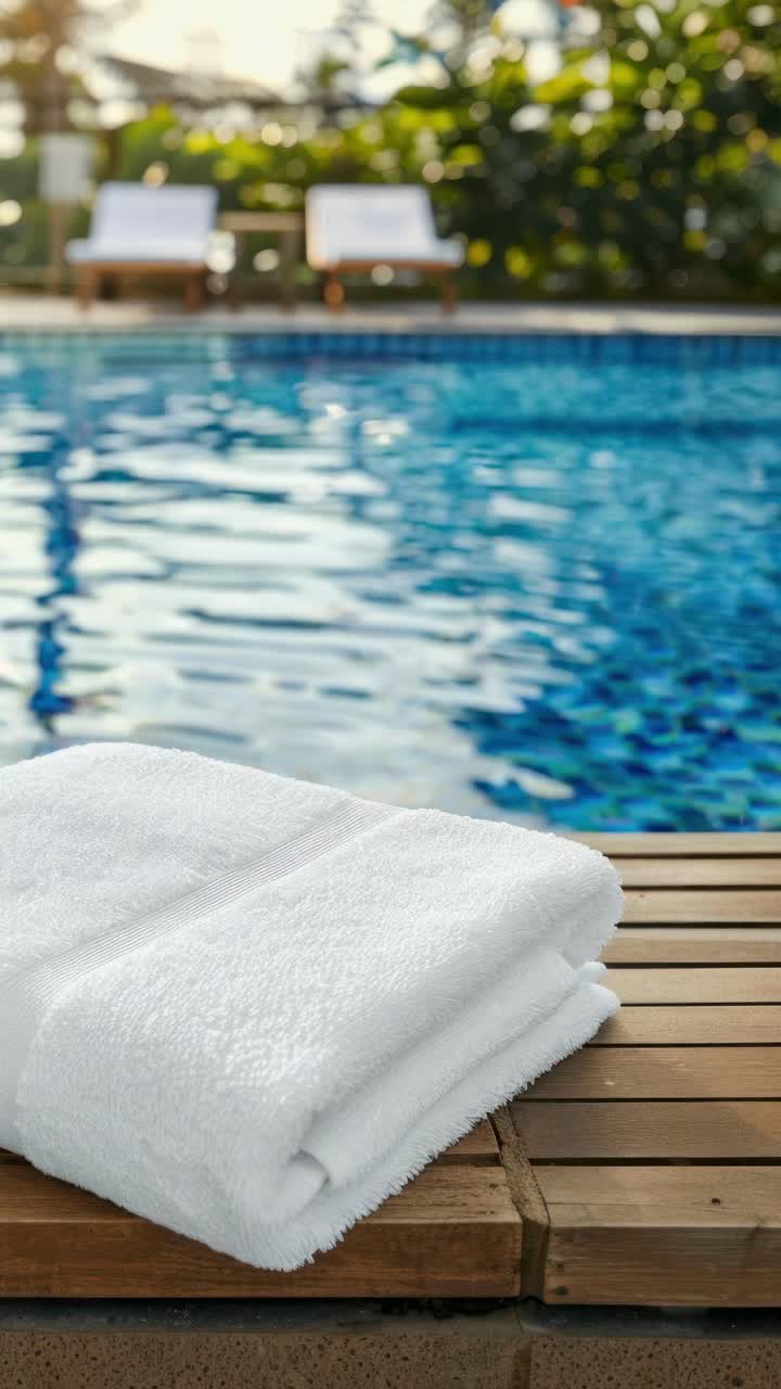 A serene poolside scene with folded towels on a wooden deck. Captured at a low angle