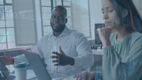 graphs processing data over diverse colleagues discussing at casual office meeting