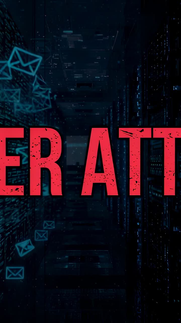 Vertical video: Sliding red text banner into corridor, flooding envelope icons signaling intrusion