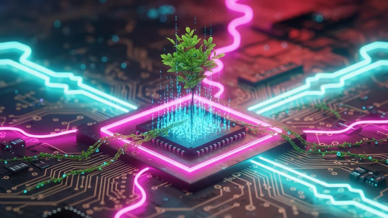 A Fusion of Nature and Technology: A Vibrant Green Plant Growing from a Circuit Board with Luminous Neon Accents, Symbolizing Eco-Innovation in the Digital Age