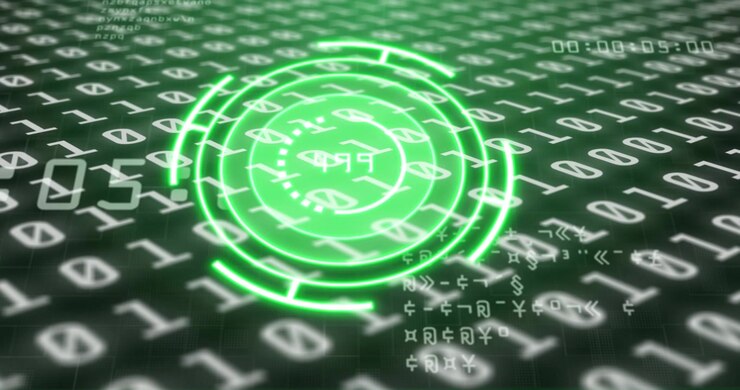 HUD appearing over binary grid, rings rotating readout updating glyphs cascading showing data flow