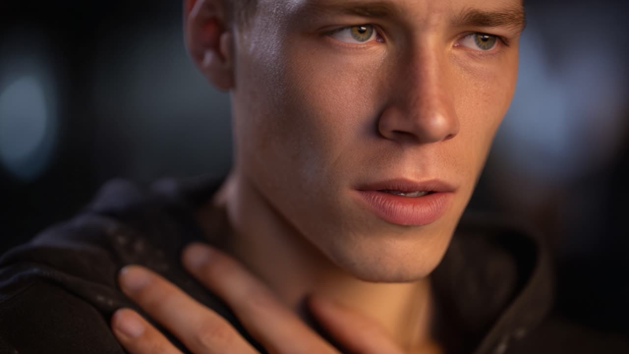 A contemplative young man expresses deep emotions in a close-up shot, showcasing vulnerability and introspection through piercing eyes and subtle facial expressions