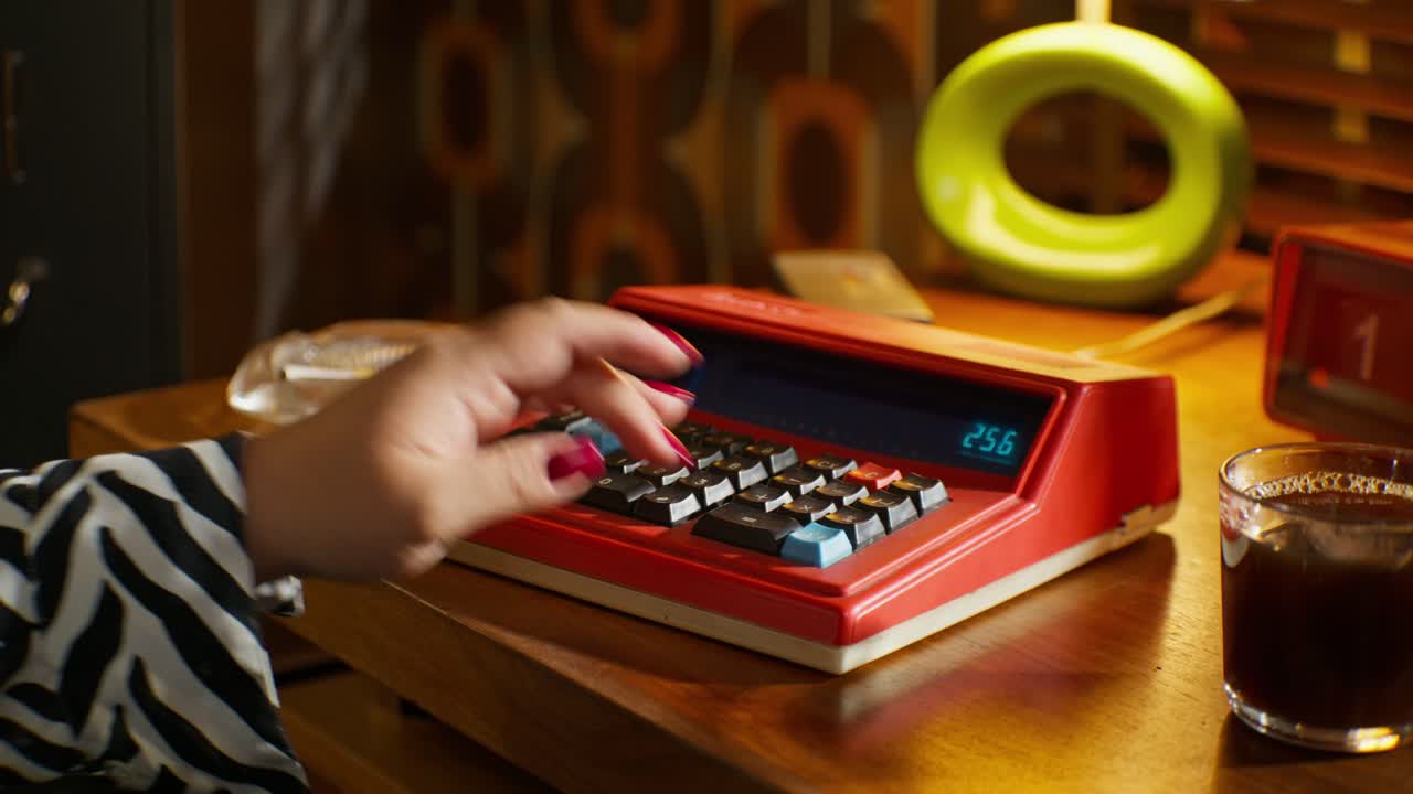 женщина с винтажным калькулятором за столом с кофе