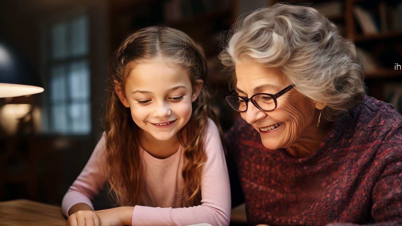 Soft glowing lamp casting warm illumination while grandmother gently reading book with smiling granddaughter, sharing intimate learning moment in peaceful home library setting