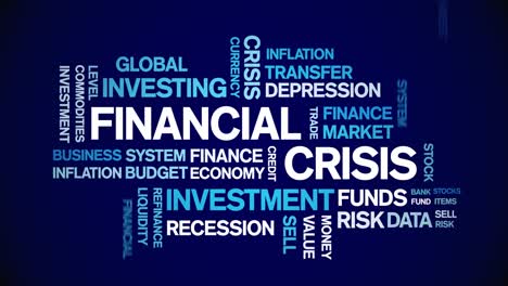 4k financial crisis animated tag word cloud,text design animation seamless loop