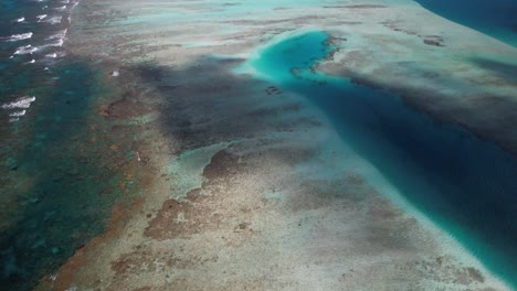 Vista-Aérea-Inclinada-Hacia-Arriba-De-La-Barrera-De-Vapor-De-Este-De-Coral-Cayo-En-Los-Roques,-Que-Muestra-La-Vibrante-Vida-Marina-Y-Las-Aguas-Cristalinas.