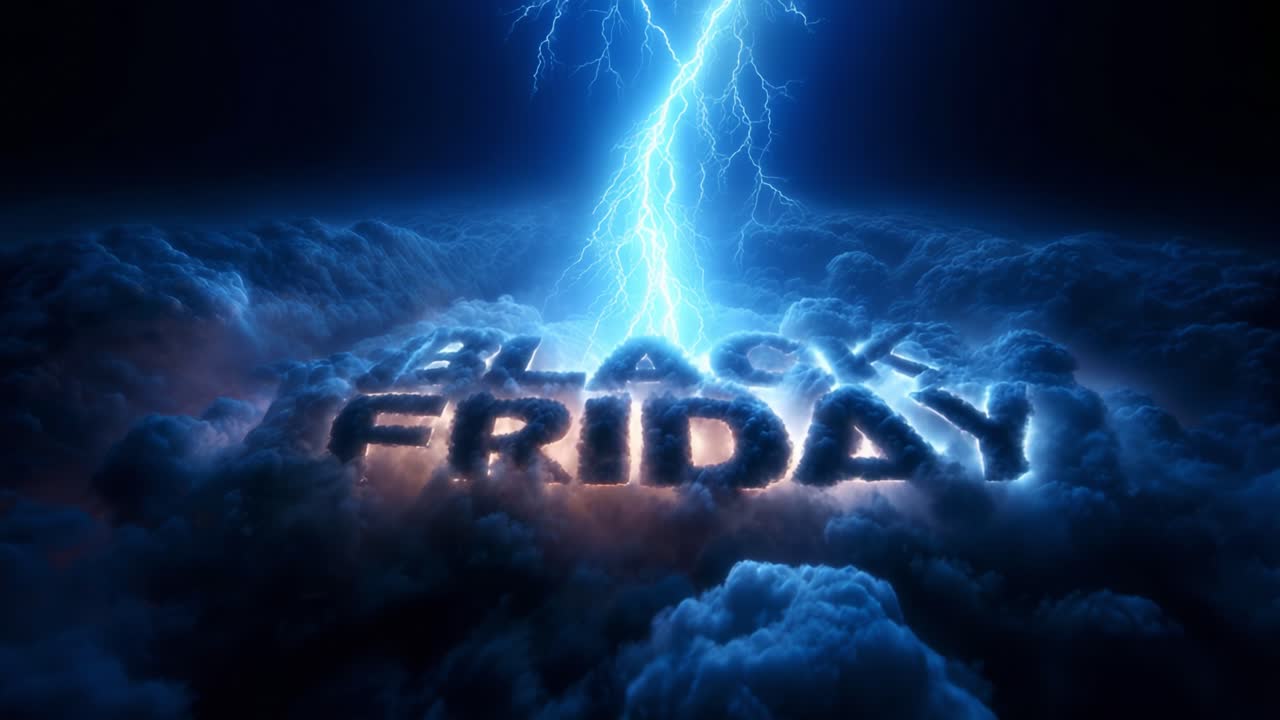 A striking visual of electrifying energy illuminating the dark clouds, with the bold words 'Black Friday' dramatically highlighted, symbolizing intense shopping excitement and holiday deals