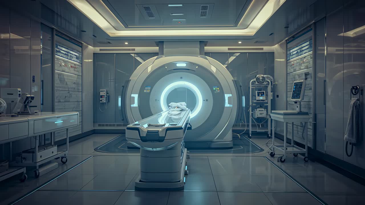 Tavolo scorrevole per pazienti che entra nella cavità della risonanza magnetica in una clinica all'avvio della console, con telo e monitor