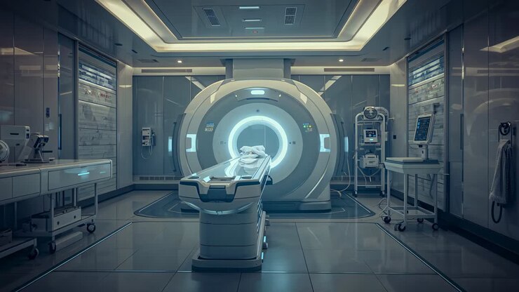 Tavolo scorrevole per pazienti che entra nella cavità della risonanza magnetica in una clinica all'avvio della console, con telo e monitor