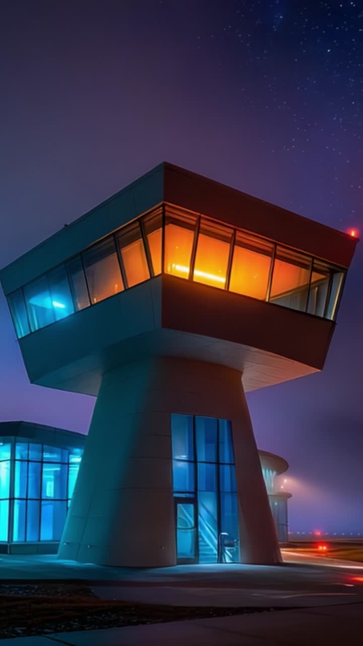 Una sorprendente torre di osservazione architettonica moderna brilla debolmente sotto un cielo notturno affascinante con sfumature di blu e arancione, circondata da nebbia e illuminazione ambientale