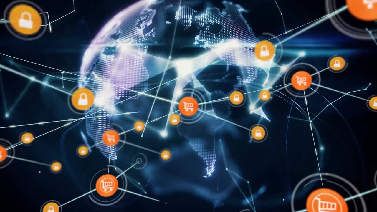 анимация сети цифровых иконок и глобуса сетей сплетений над кубчатыми руками