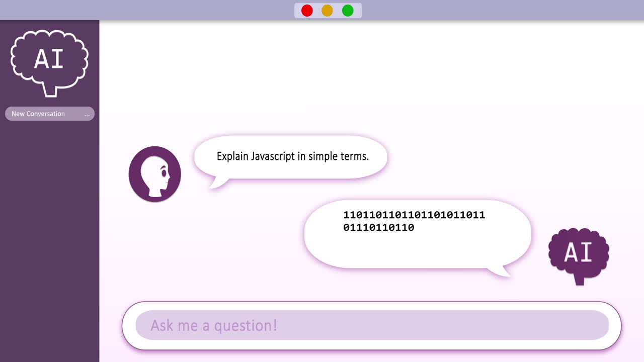 Animation of ai bot conversation and binary coding on speech bubbles