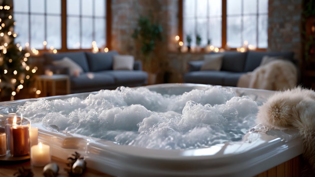 Un rilassante ritiro invernale con una lussuosa vasca idromassaggio con bolle, circondata da decorazioni accoglienti e illuminazione soffusa, perfetta per rilassarsi e godersi l'atmosfera festiva.