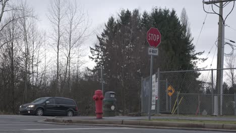 cars driving up to a stop sign at intersection in residential area on a cloudy day with trees in the background