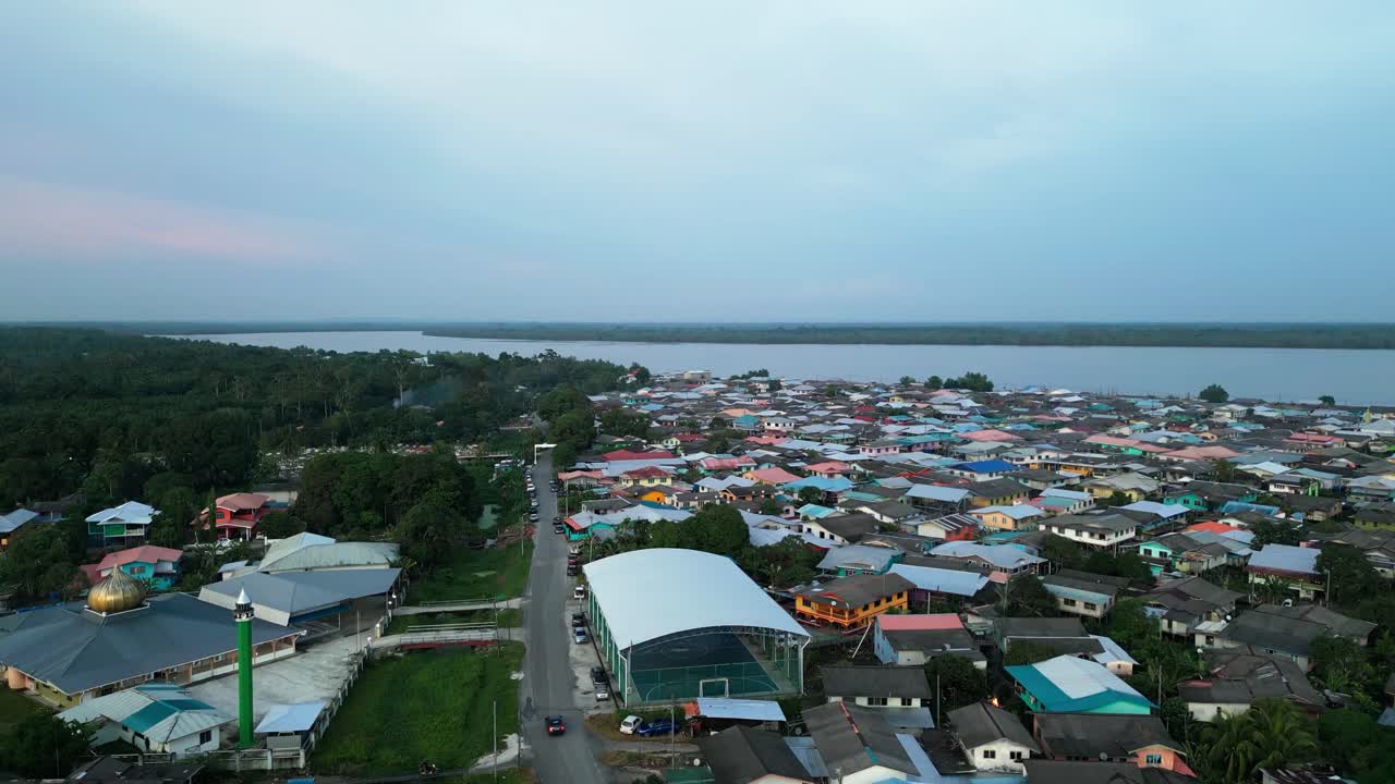 Aerial Drone View During Summer Kabong Fishing Village,With River And Beach,Sarawak,Borneo