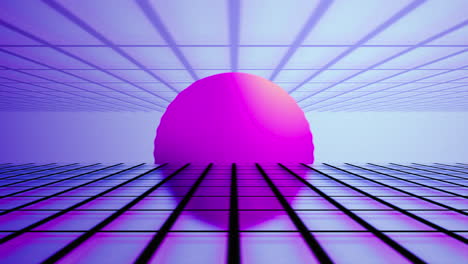 Globo-Púrpura-En-Perspectiva-De-Cuadrícula-De-Onda-Retro-Fondo-Rosa-Cibernético,-Visual-Gráfico-Futurista