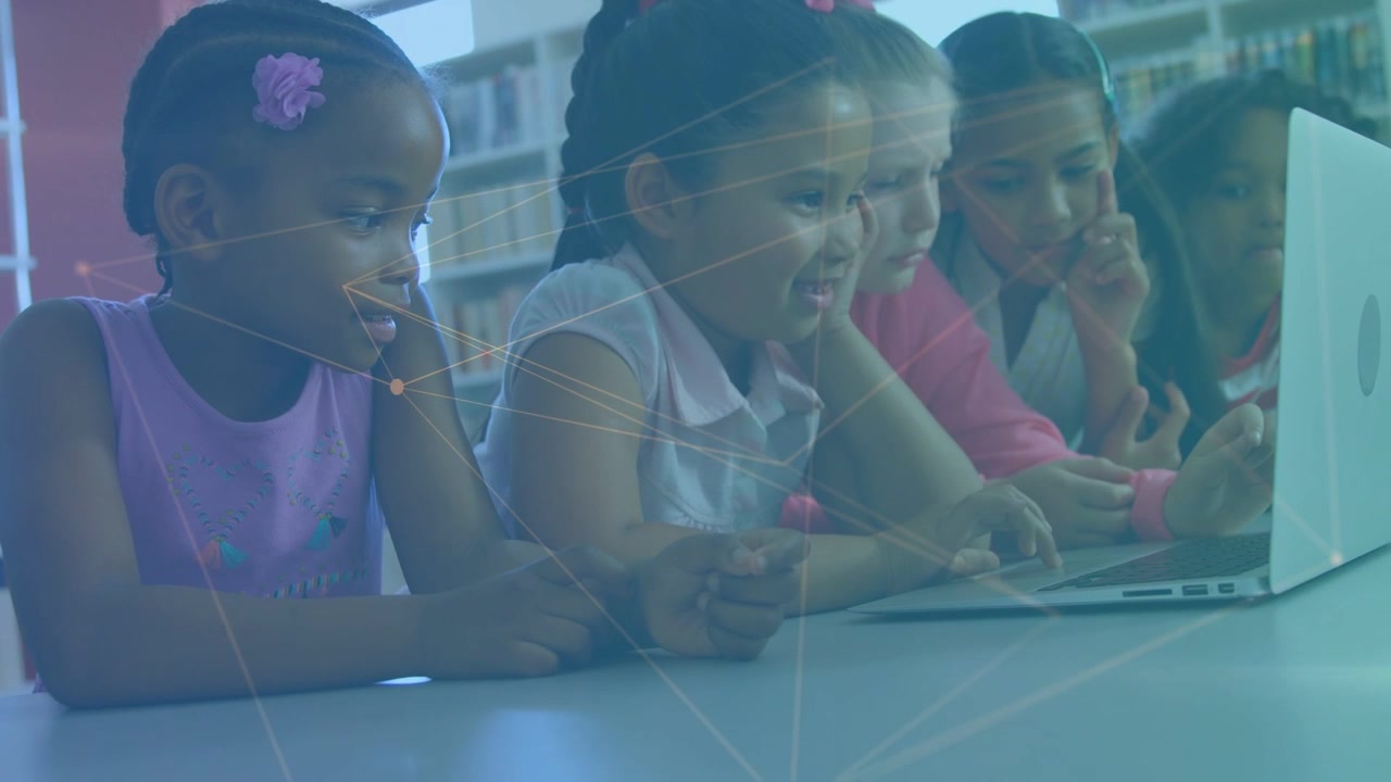 Five students in school library child touching laptop pad activating network overlay peers smiling
