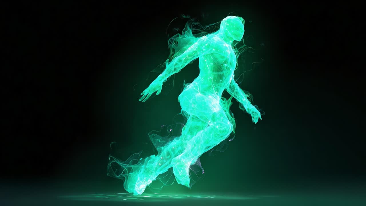 A mesmerizing digital representation of a futuristic athlete captured in motion, showcasing dynamic flowing energy patterns that create an illusion of speed, agility, and the essence of movement in a vibrant, surreal environment