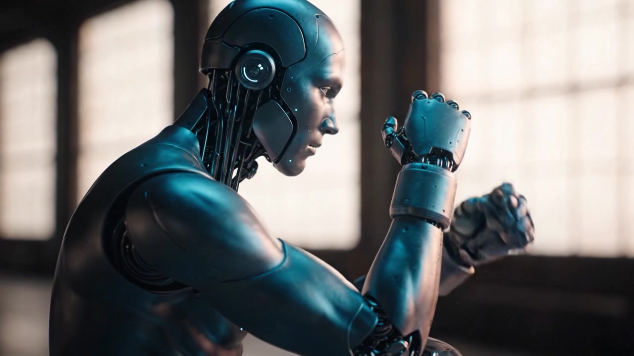 A contemplative humanoid robot in a moment of reflection, showcasing its intricate mechanical design and advanced robotics technology in a well-lit environment.