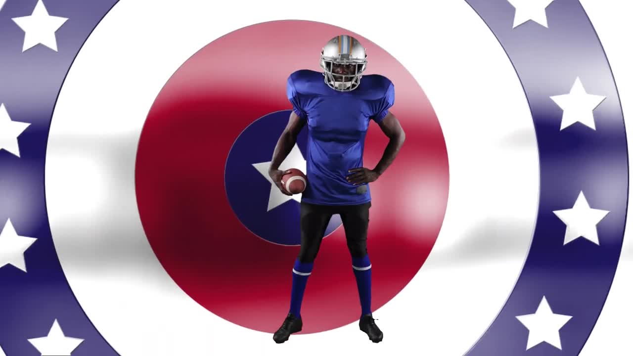 아프리카계 미국인 남성 럭비 선수 가 회전하는 원 에 있는 별 들 을 상대로 공 을 들고 있다