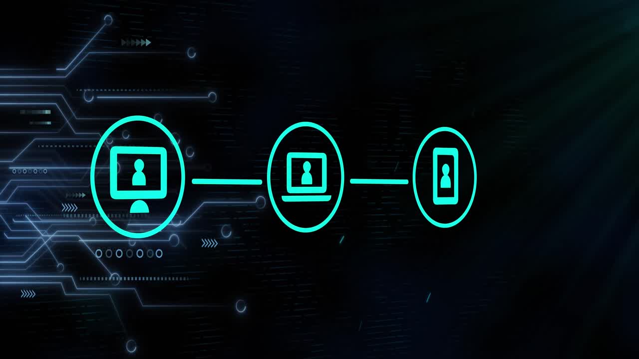 Three green digital icons with a computer interface on a glowing blue background