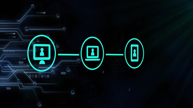 Three green digital icons with a computer interface on a glowing blue background