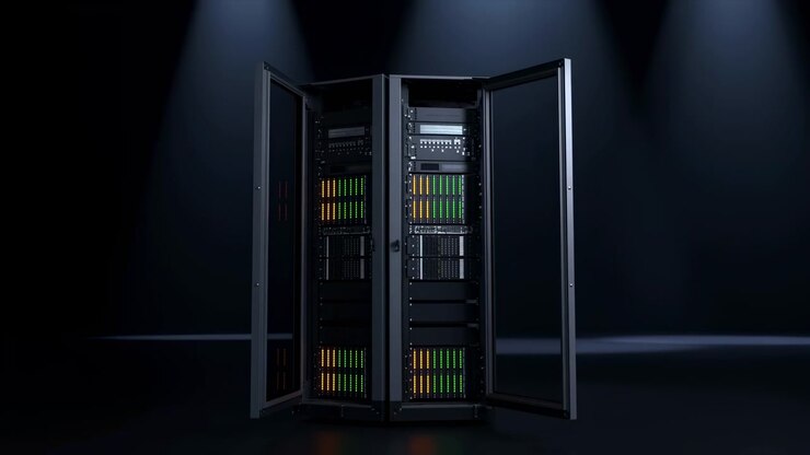 Front-facing server cabinet in a dark studio-like setting with both doors open, revealing illuminated equipment and neatly arranged hardware inside