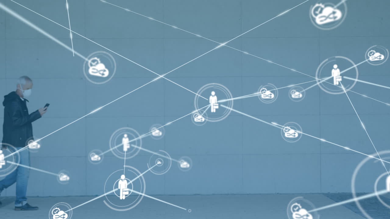 가방을 들고 있는 백인 남자 위 에 있는 아이콘 들 과 연결 된 네트워크 의 애니메이션