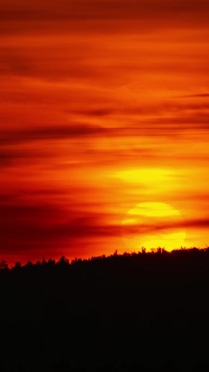 Dramatischer Zeitraffer: Goldener Sonnenuntergang über Waldsilhouette