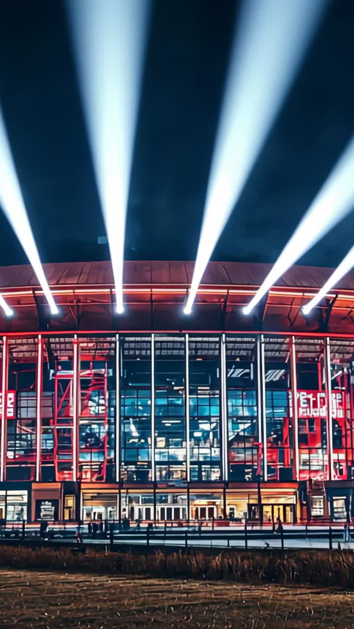 Vertical video: Spotlights switching on and scanning night sky above red-lit arena with pedestrians