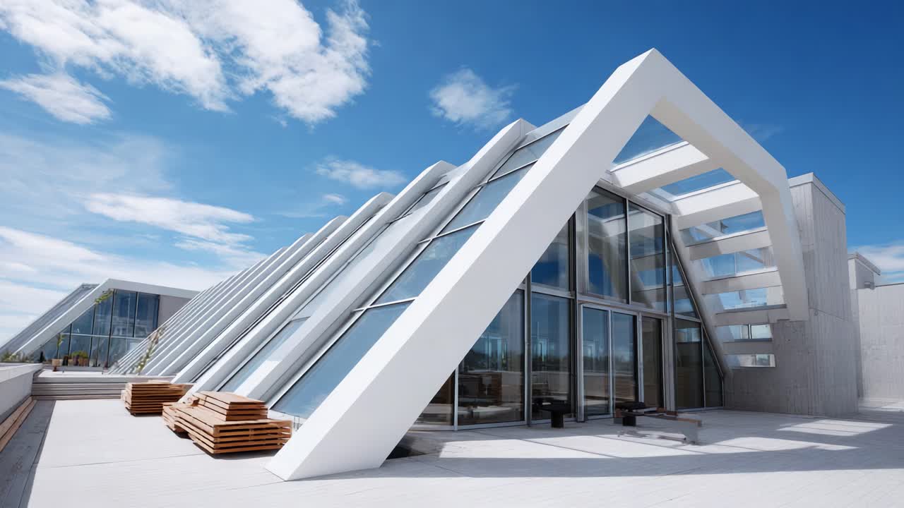 Meraviglia architettonica moderna caratterizzata da un'elegante facciata in vetro e da originali design angolari sotto un cielo blu intenso con elementi esterni minimalisti