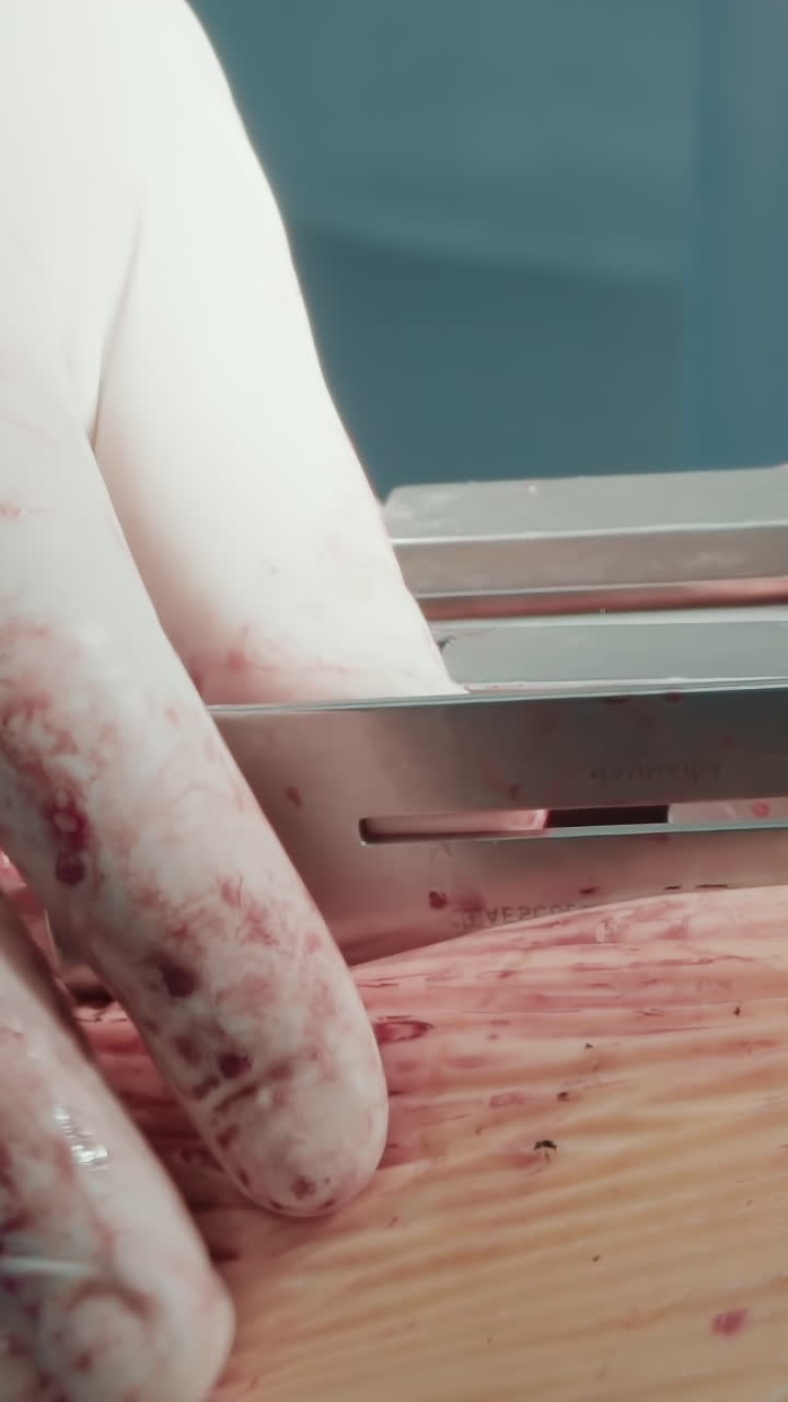 의사 는 환자 의 가 을 창기 로 창 시킨다. 전문 외과 의사 는 무성 한 병원 환경 에서 관상 동맥 우회 수술 을 위해 상처 를 준비 한다.