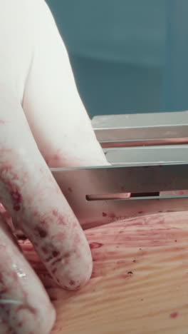 el médico expande el pecho del paciente con un dilatador. el cirujano profesional prepara la herida para la cirugía de derivación de la arteria coronaria en un entorno hospitalario estéril