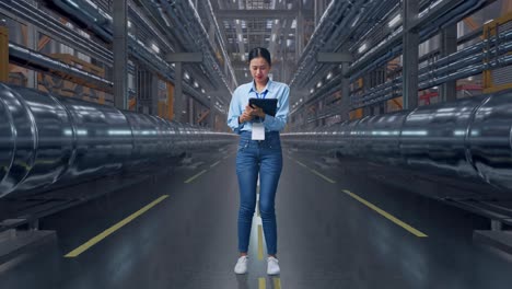 Full Body Of An Asian Female Professional Worker Standing With Her Tablet In a In Big Warehouse Filled With Metal Pipes, Typing And Dissapionted With Nodding Her Shead