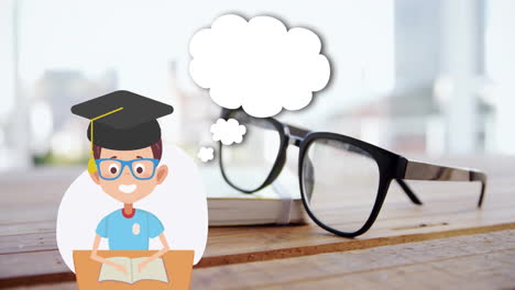 animation of school items icons over glasses on table