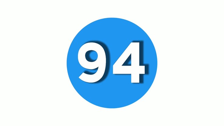 Nummer 94 skilt symbol animation bevægelsesgrafik ikon på blå cirkel hvid baggrund, tegnefilm video nummer til videoelementer