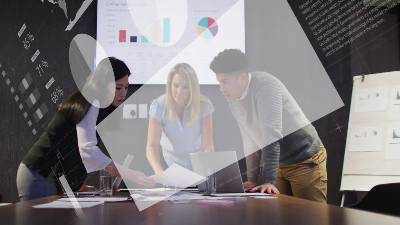 Analyzing sales data with charts, business team collaborating in office