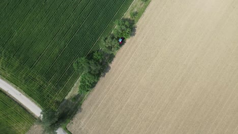 aerial shot of red tractor working on rural farm land
