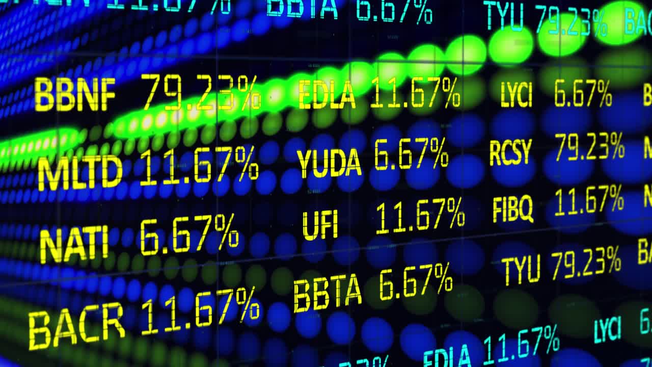 Animazione di un'interfaccia di indice azionario finanziario con file di luci LED blu e verdi che si muovono sullo sfondo