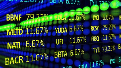 animation of financial share index interface with rows of blue and green led lights moving in backgr