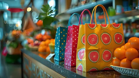 colorful shopping bags and fresh produce on a counter