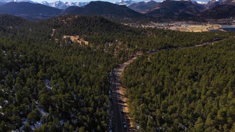 Rocky-Mountain-Forest-Highway-Road-Cars-Aerial-Shot-4K