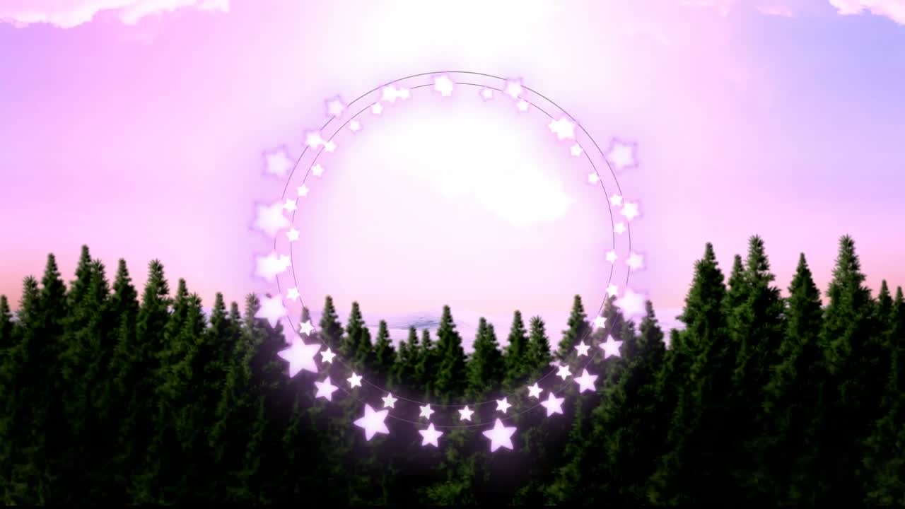 Animation of fairy light frame with copy space over fir trees and winter scenery
