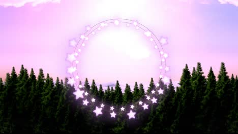 Animation-of-fairy-light-frame-with-copy-space-over-fir-trees-and-winter-scenery