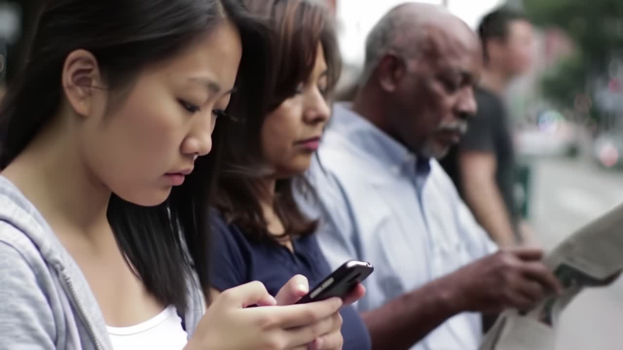 A Thoughtful Pause: Three Individuals Engaged in Personal Devices Amidst Urban Life, Showcasing Modern Connectivity and Individual Reflection